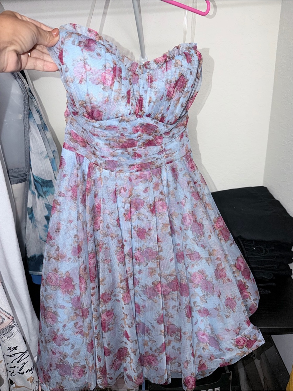 Strapless Floral Fit-and-Flare Dress in Light Blue and Pink